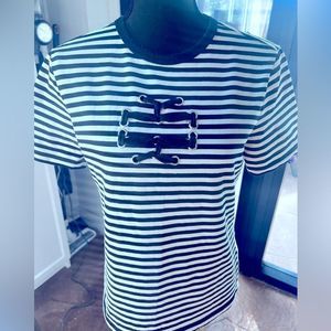 Tory Burch Black and White Striped Short Sleeve Tee with Lace-Up Detail